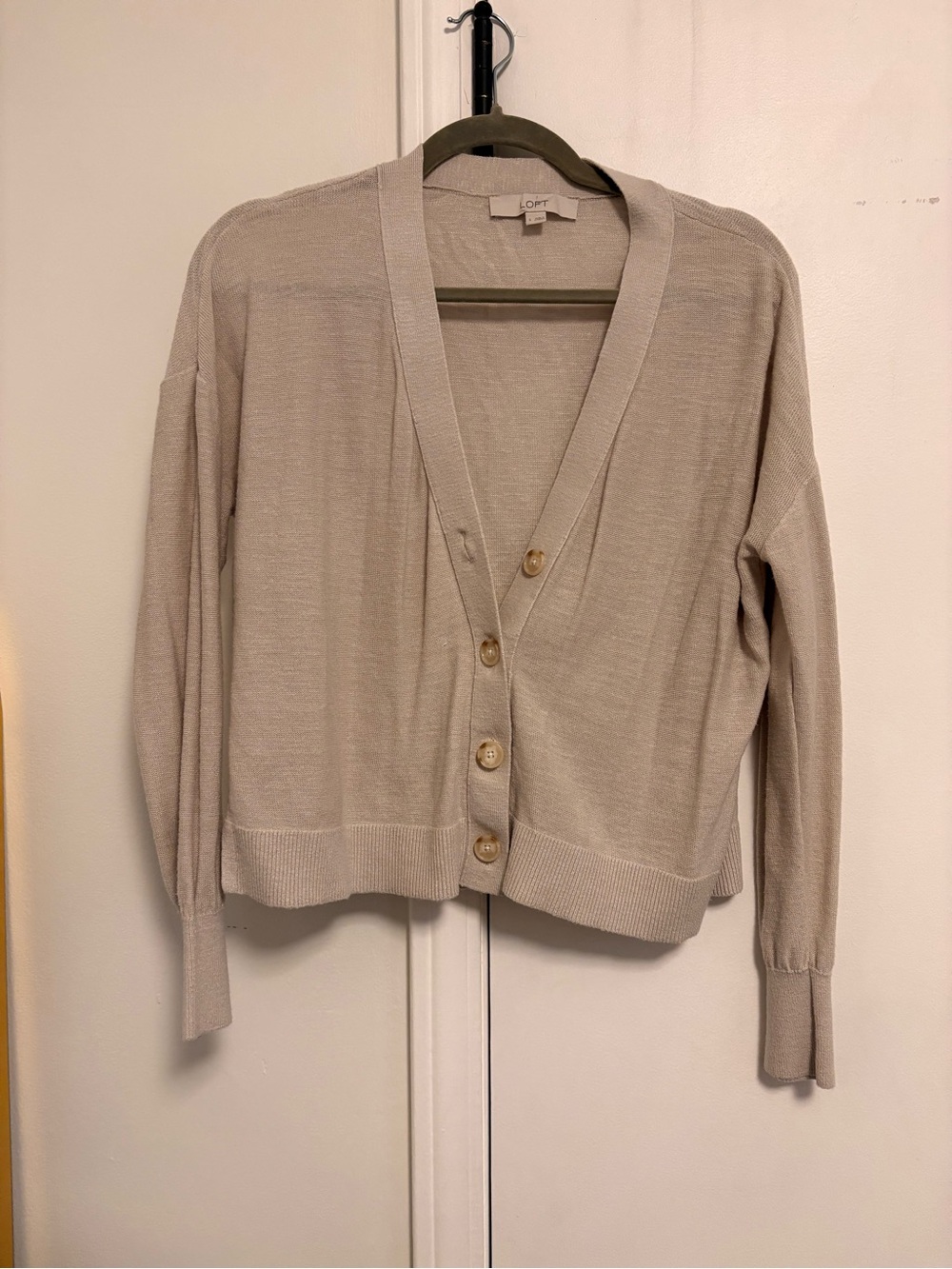LOFT Light Beige Button-Front V-Neck Cardigan